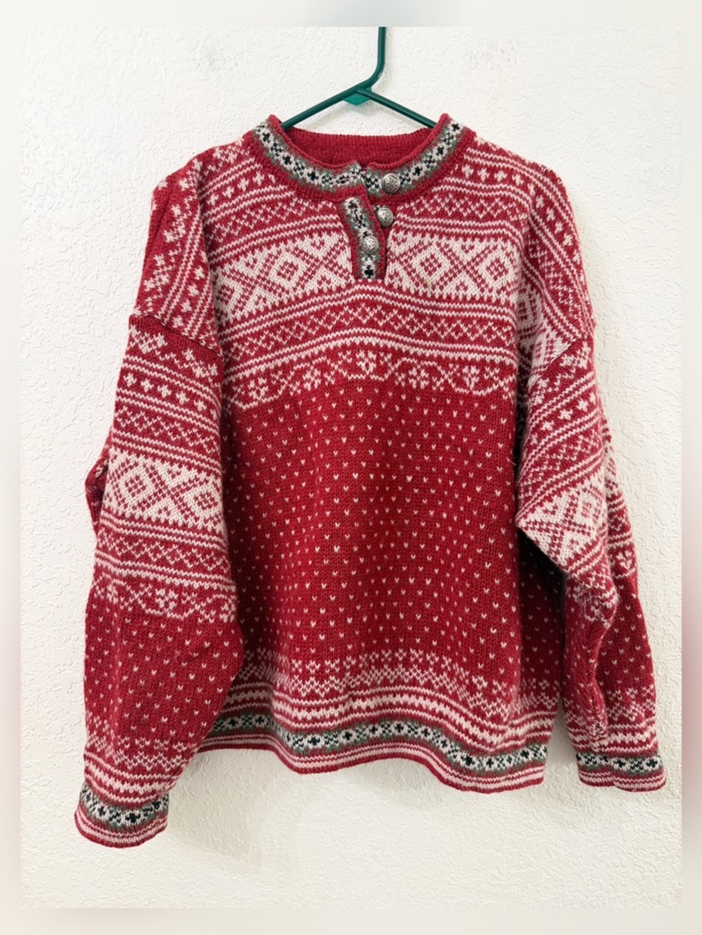 L.L. Bean Wool Red and White Nordic Henley Sweater Fair Isle - XL